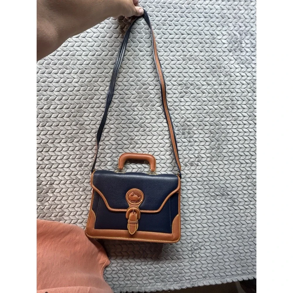 Dooney & Bourke AWL Navy Tan Leather Satchel Briefcase Crossbody + Wallet USA